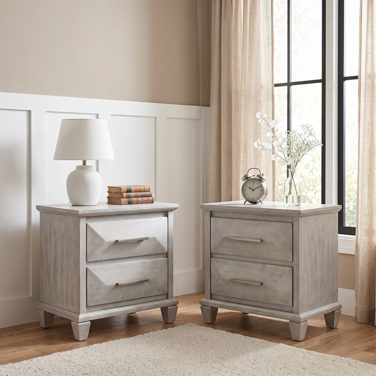 Galano Set of 2 Transitional 2-Drawer Nightstand Bedside Tables with Solid Wood Legs, 23" H