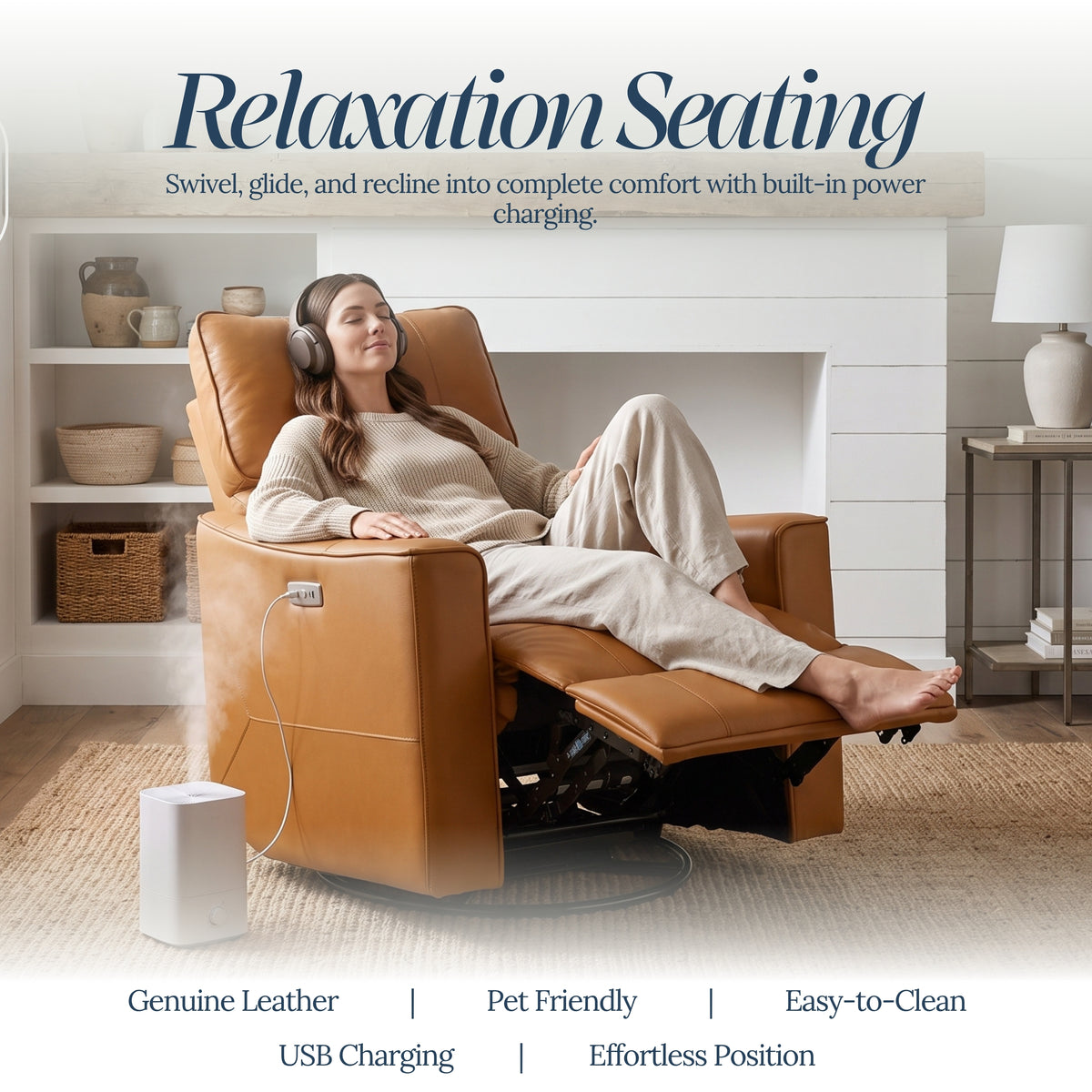 Galano 31.7" W Genuine Leather Power Lift Recliner with Swivel, Glider and USB Charging