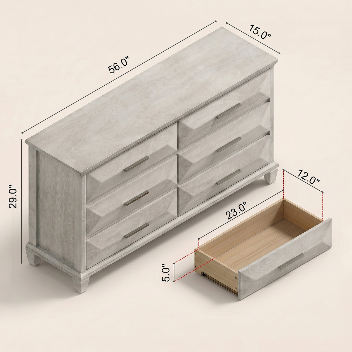 GALANO 6-Drawer Double Dresser with Geometric Drawer Fronts, 56-Inch