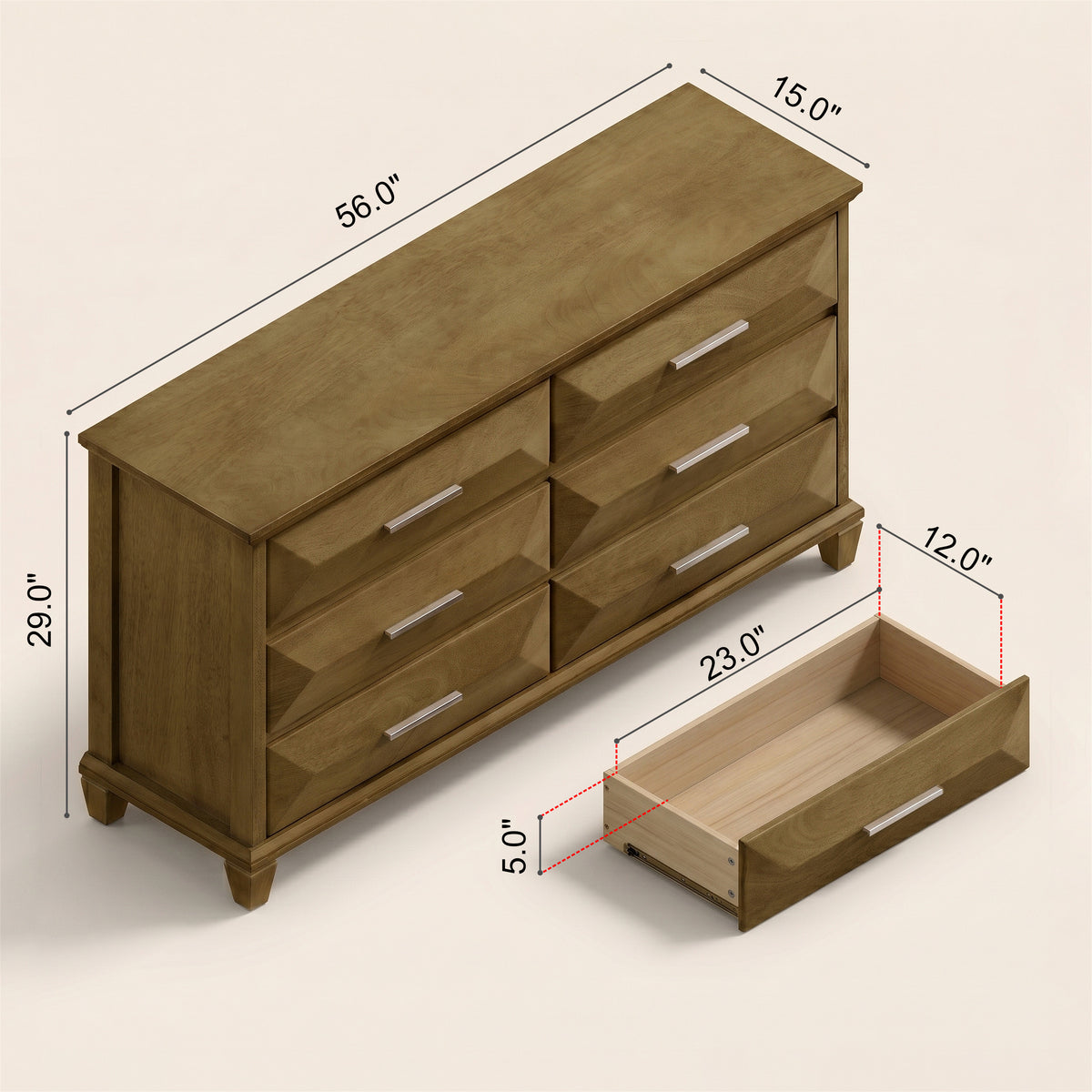 GALANO 6-Drawer Double Dresser with Geometric Drawer Fronts, 56-Inch