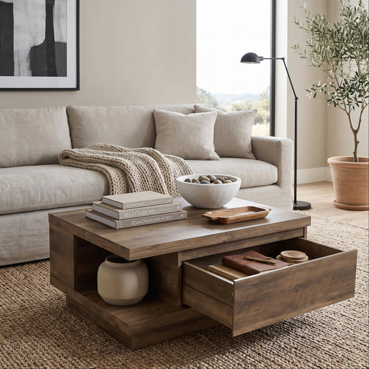 GALANO Modern Storage Coffee Table with Drawer, 31.3", Knotty Oak, 1-Piece