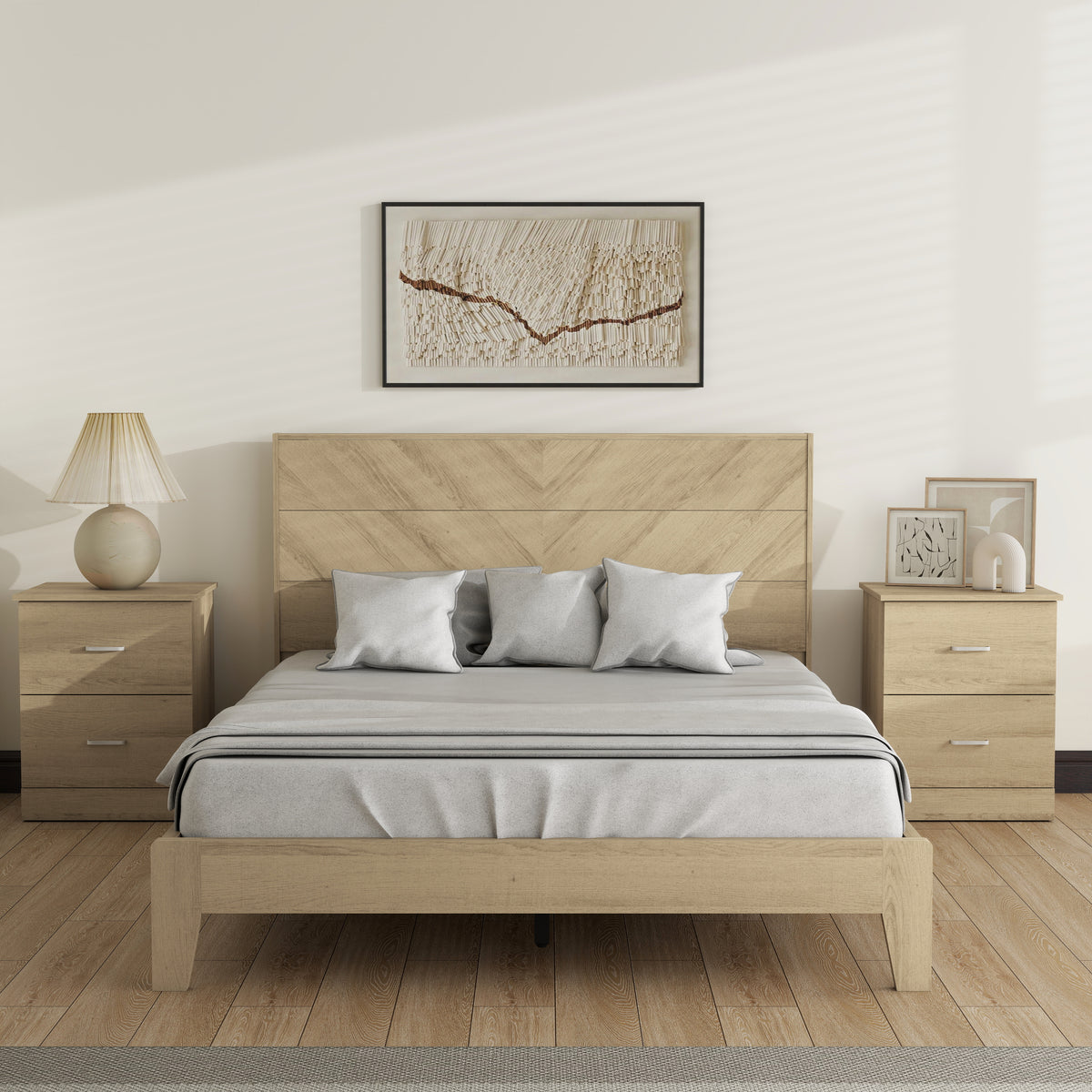 Galano 58.7" W Mid-Century Modern Full Bed with Chevron Headboard, 12 Support Slats and Underbed Storage Space