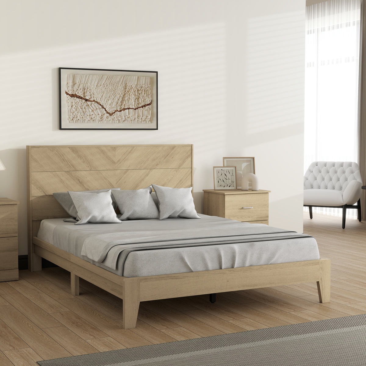 Galano 58.7" W Mid-Century Modern Full Bed with Chevron Headboard, 12 Support Slats and Underbed Storage Space