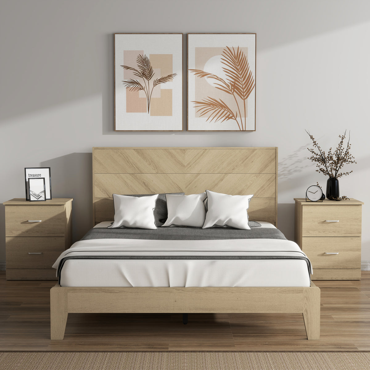Galano 58.7" W Mid-Century Modern Full Bed with Chevron Headboard, 12 Support Slats and Underbed Storage Space