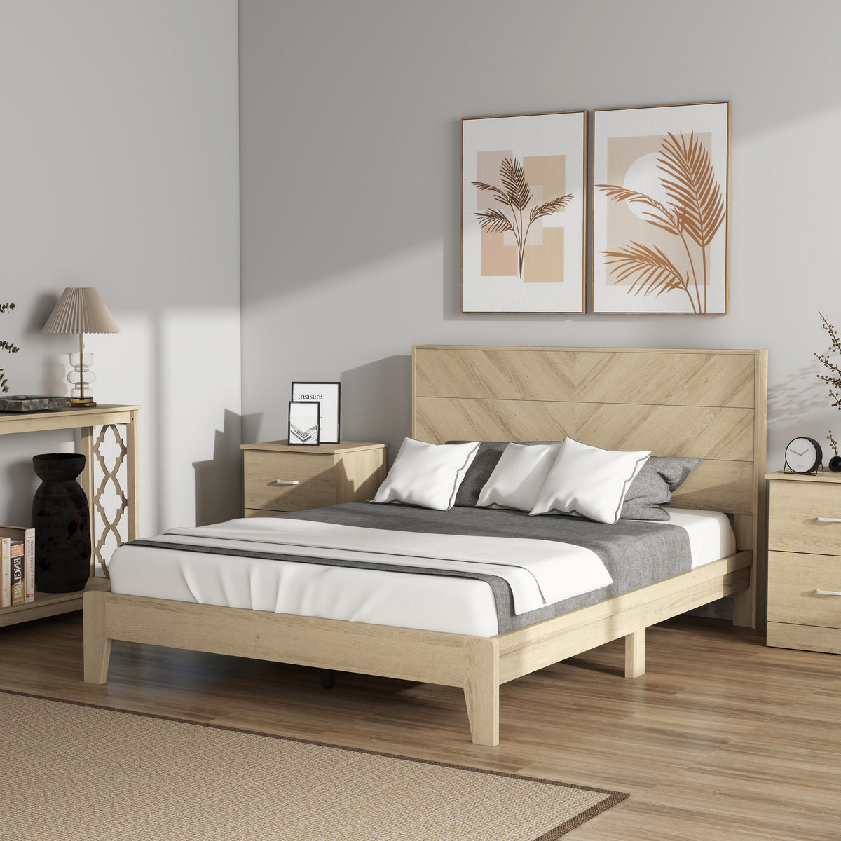 Galano 58.7" W Mid-Century Modern Full Bed with Chevron Headboard, 12 Support Slats and Underbed Storage Space