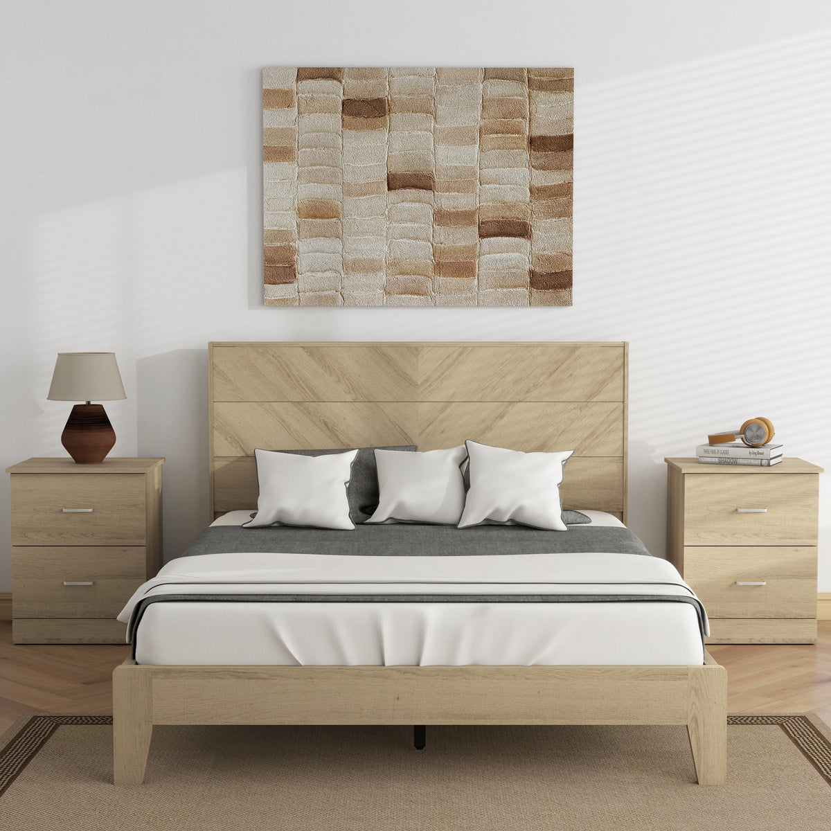 Galano 58.7" W Mid-Century Modern Full Bed with Chevron Headboard, 12 Support Slats and Underbed Storage Space