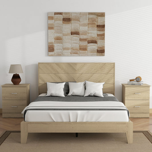Galano 58.7" W Mid-Century Modern Full Bed with Chevron Headboard, 12 Support Slats and Underbed Storage Space
