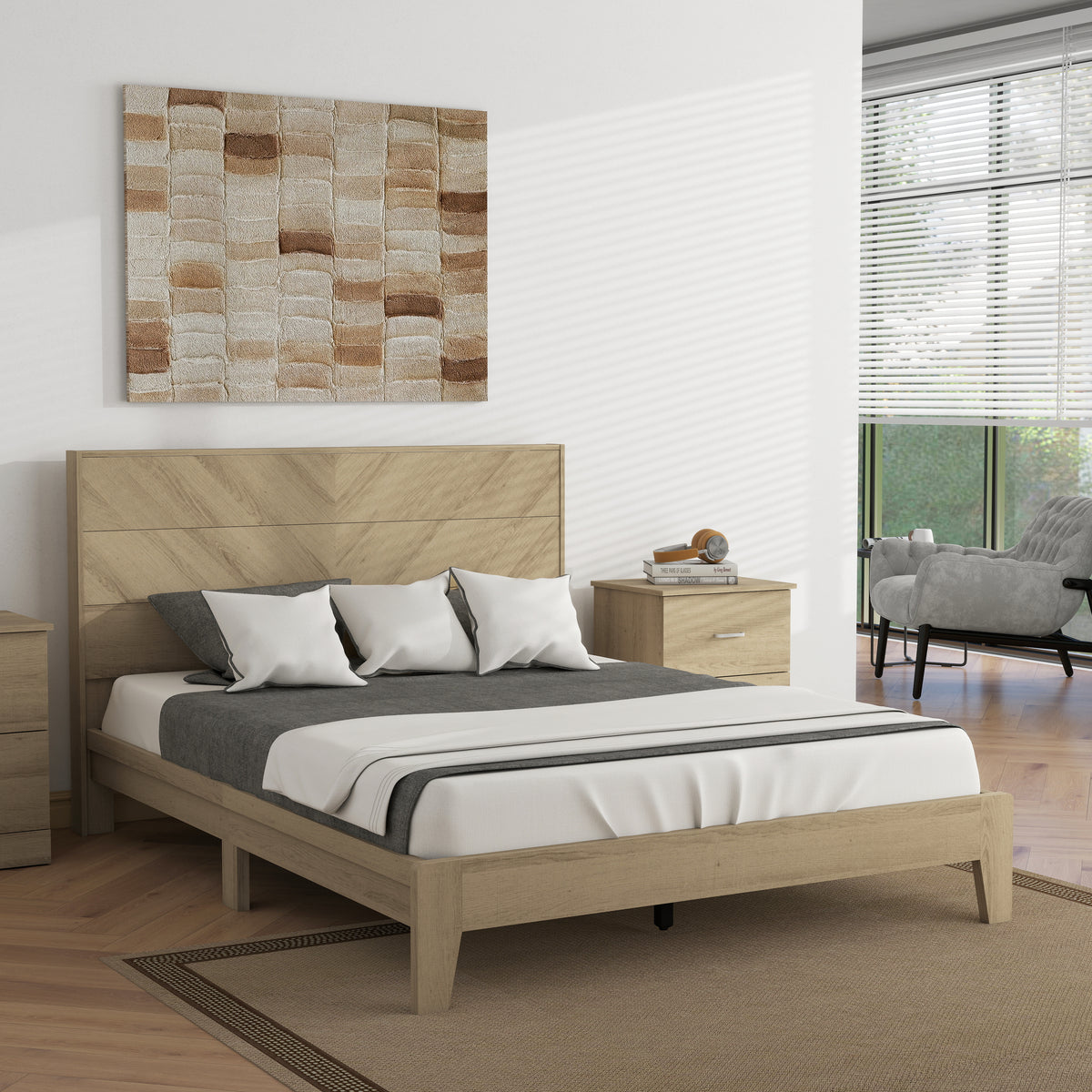 Galano 58.7" W Mid-Century Modern Full Bed with Chevron Headboard, 12 Support Slats and Underbed Storage Space