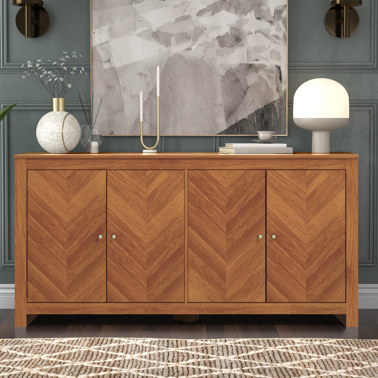 Galano Chevron 4-Door Storage Sideboard in Amber Walnut 58.4" W × 15.7" D × 30" H