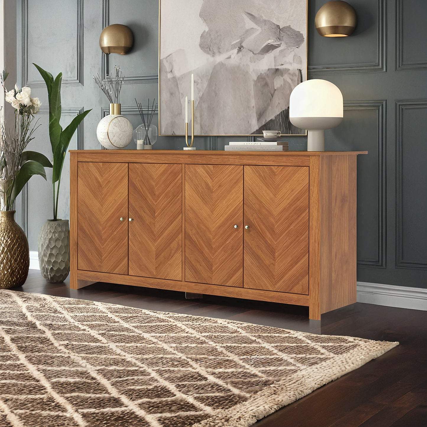 Galano Chevron 4-Door Storage Sideboard in Amber Walnut 58.4" W × 15.7" D × 30" H