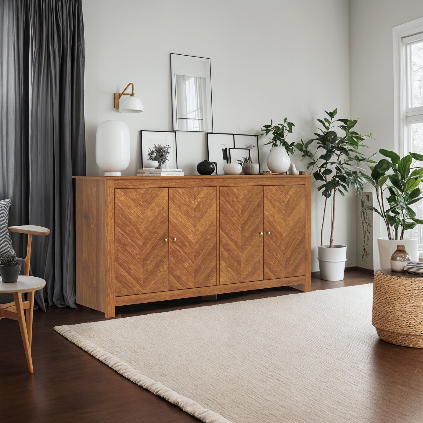 Galano Chevron 4-Door Storage Sideboard in Amber Walnut 58.4" W × 15.7" D × 30" H