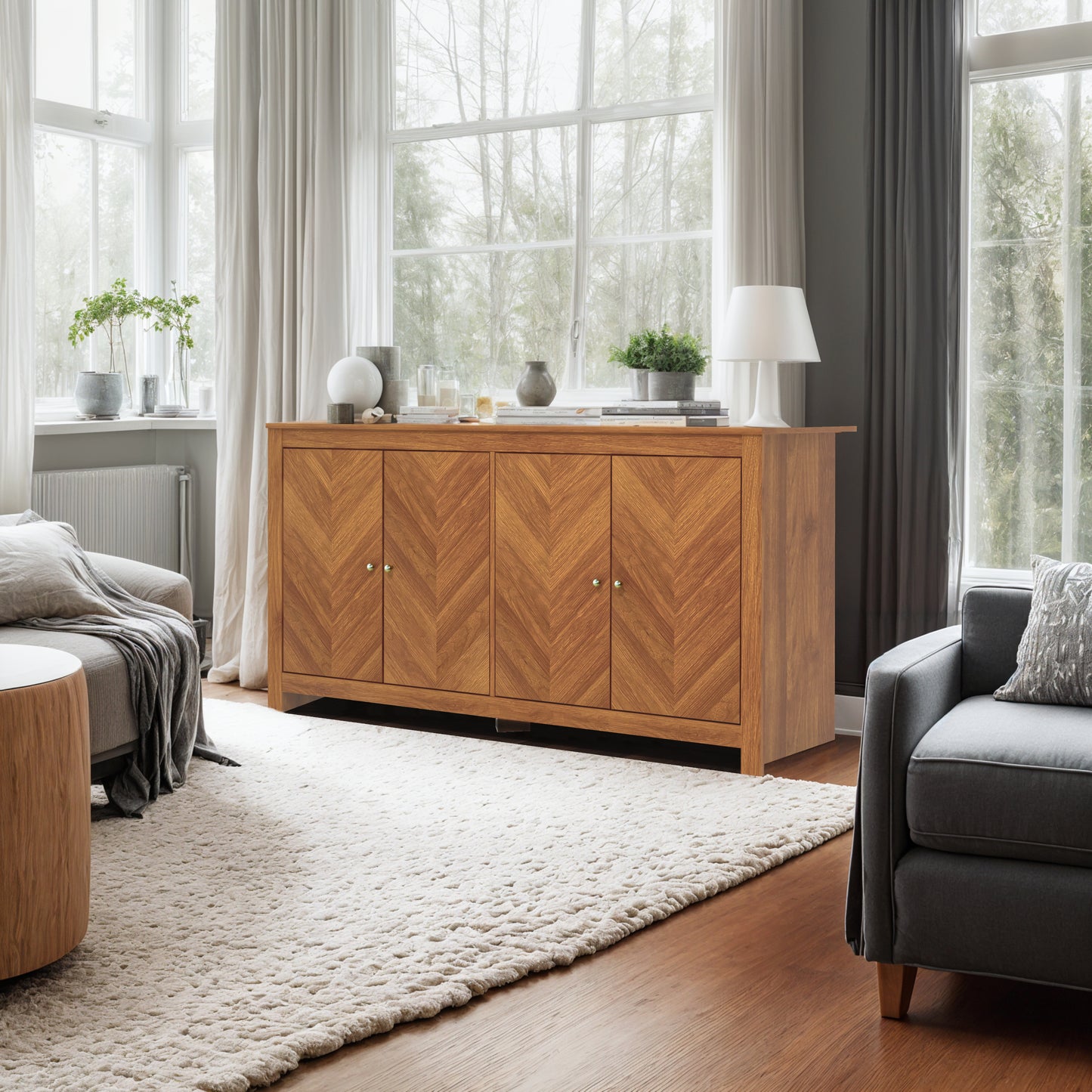 Galano Chevron 4-Door Storage Sideboard in Amber Walnut 58.4" W × 15.7" D × 30" H