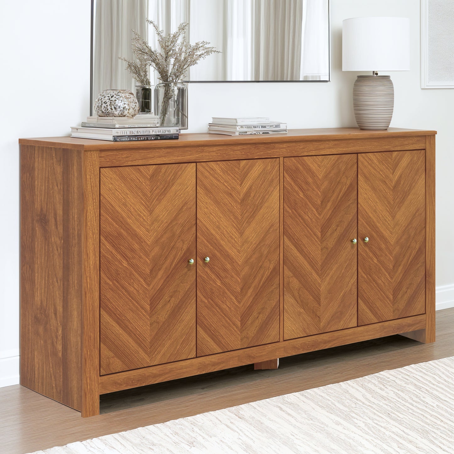 Galano Chevron 4-Door Storage Sideboard in Amber Walnut 58.4" W × 15.7" D × 30" H