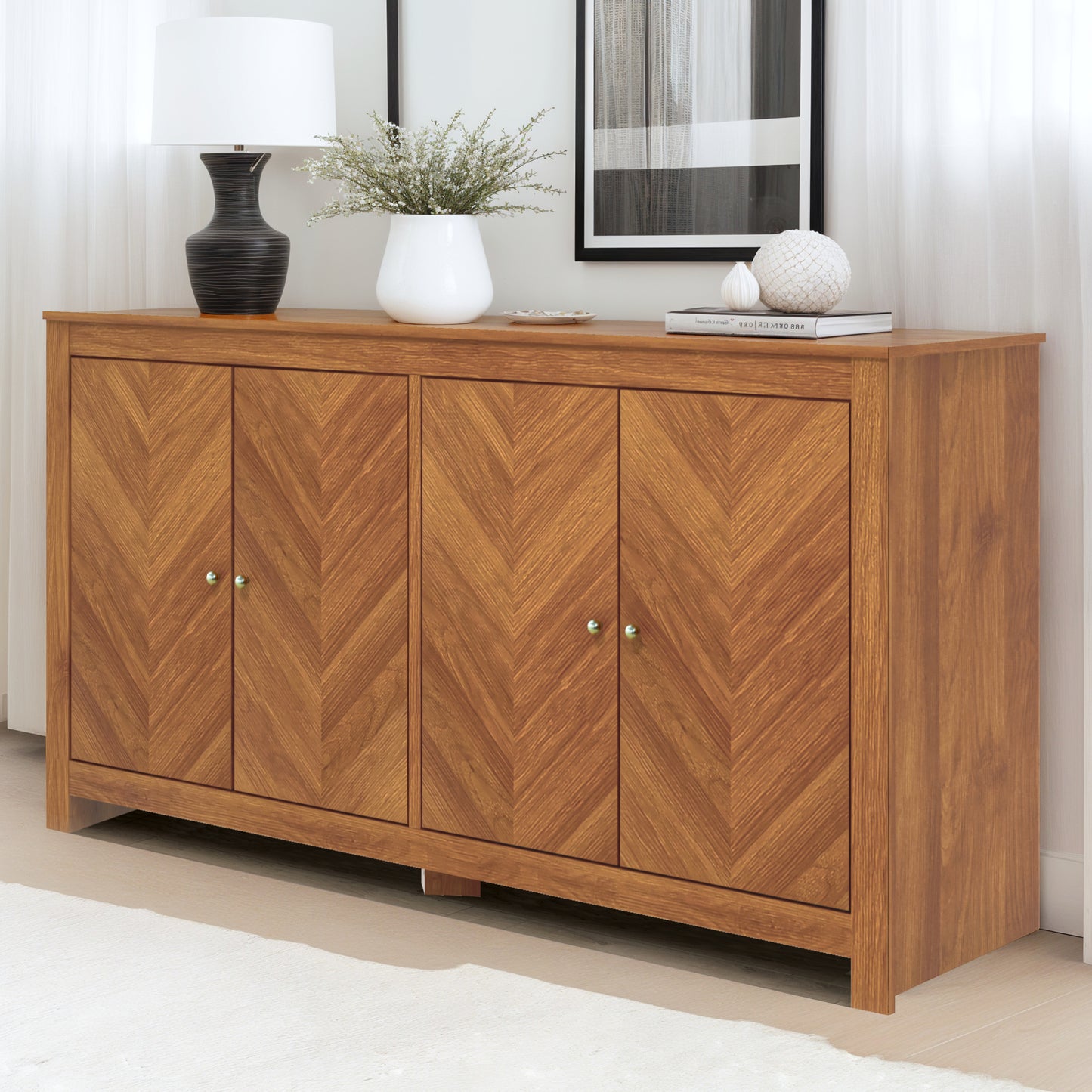 Galano Chevron 4-Door Storage Sideboard in Amber Walnut 58.4" W × 15.7" D × 30" H