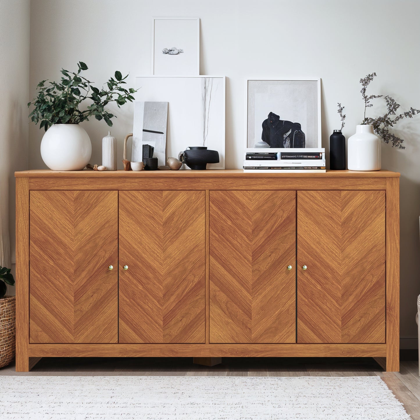 Galano Chevron 4-Door Storage Sideboard in Amber Walnut 58.4" W × 15.7" D × 30" H