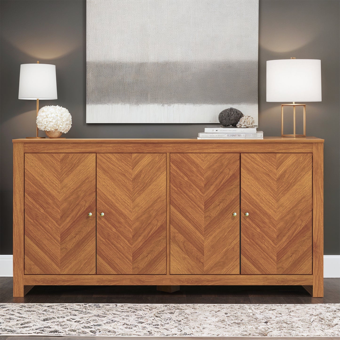 Galano Chevron 4-Door Storage Sideboard in Amber Walnut 58.4" W × 15.7" D × 30" H