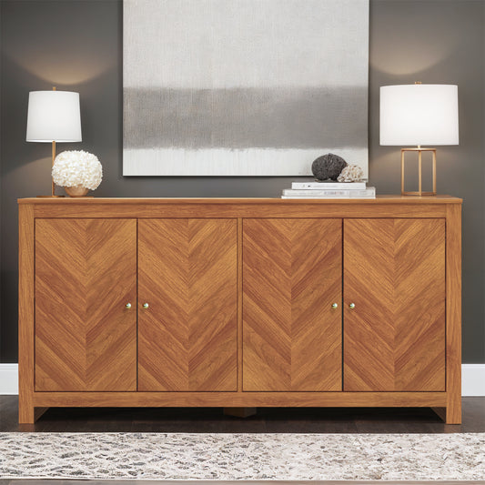 Galano Chevron 4-Door Storage Sideboard in Amber Walnut 58.4" W × 15.7" D × 30" H