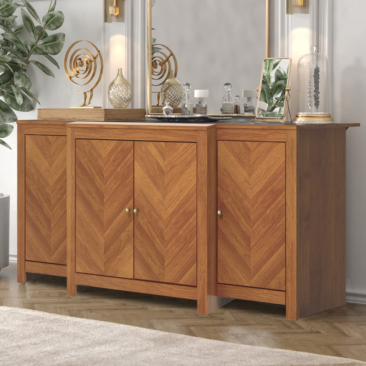 Galano 4-Door Chevron Sideboard Buffet in Amber Walnut 61.9" W × 19.6" D × 30" H