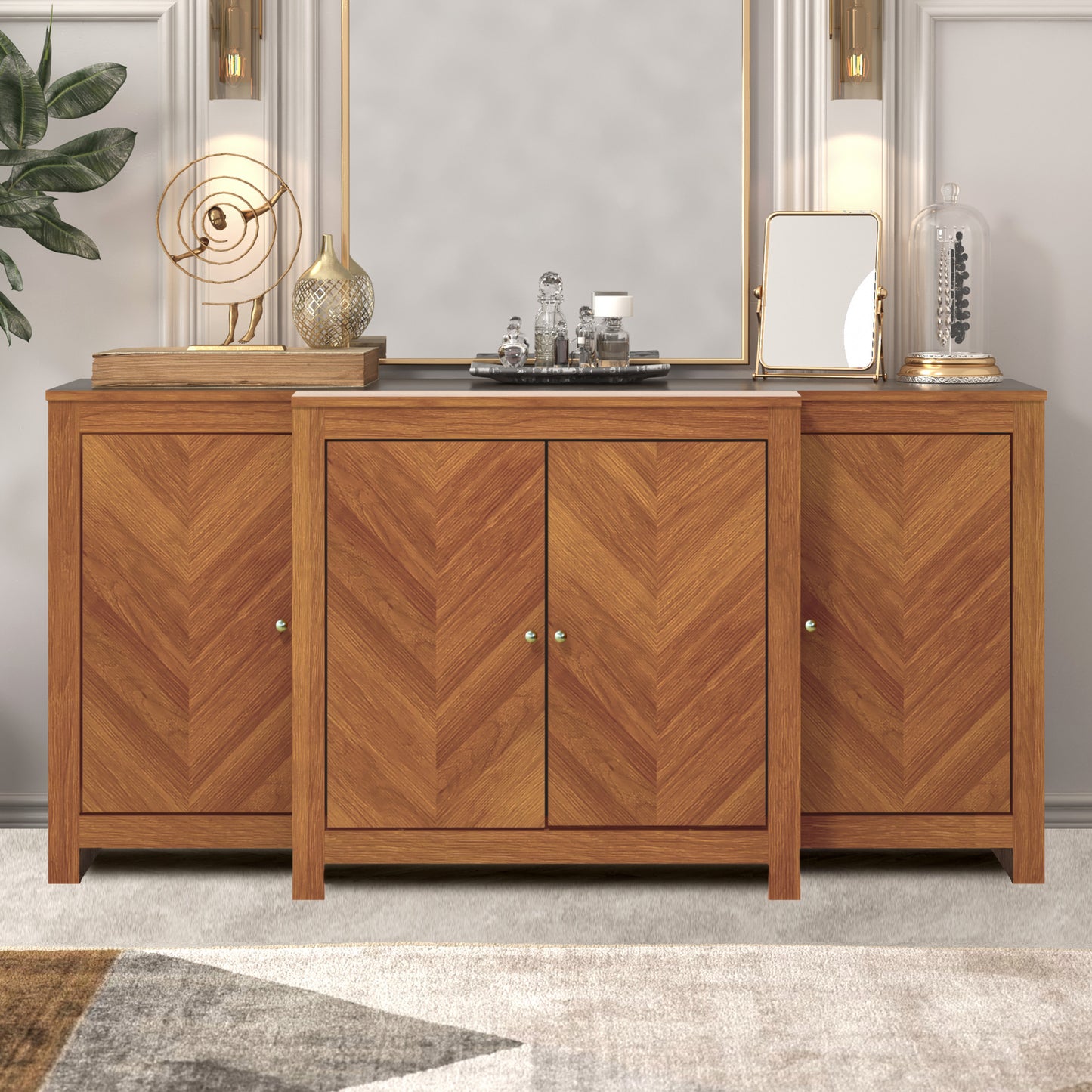 Galano 4-Door Chevron Sideboard Buffet in Amber Walnut 61.9" W × 19.6" D × 30" H