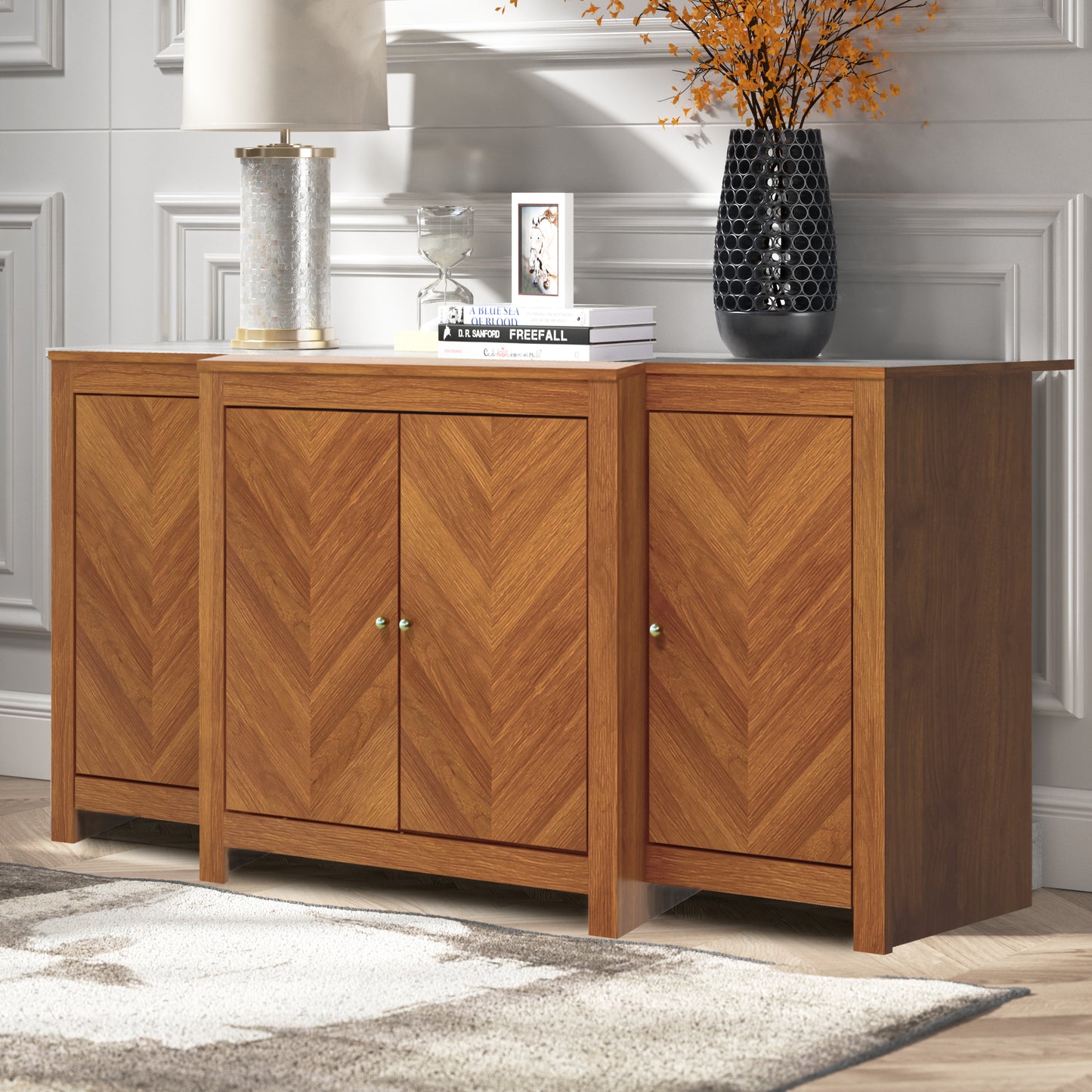 Galano 4-Door Chevron Sideboard Buffet in Amber Walnut 61.9" W × 19.6" D × 30" H