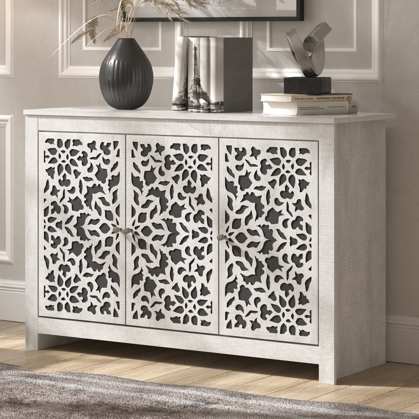 Galano 3-Door Sideboard with Decorative Cutout Doors 44.3" W × 15.7" D × 30" H
