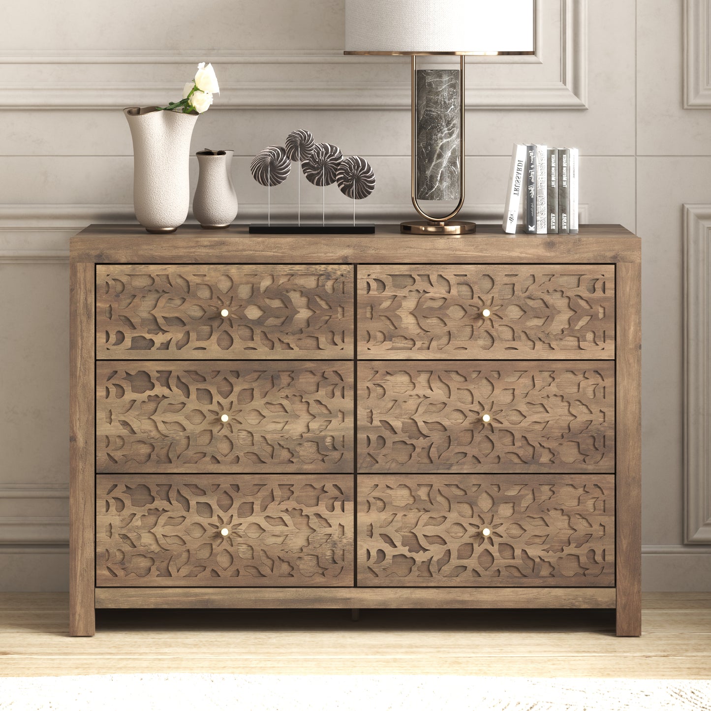 Galano 6-Drawer Dresser with Cutout Floral Fronts 45.4″ W x 15.7" D x 32.0" H