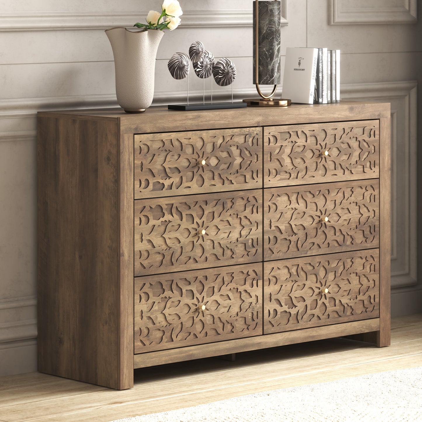 Galano 6-Drawer Dresser with Cutout Floral Fronts 45.4″ W x 15.7" D x 32.0" H