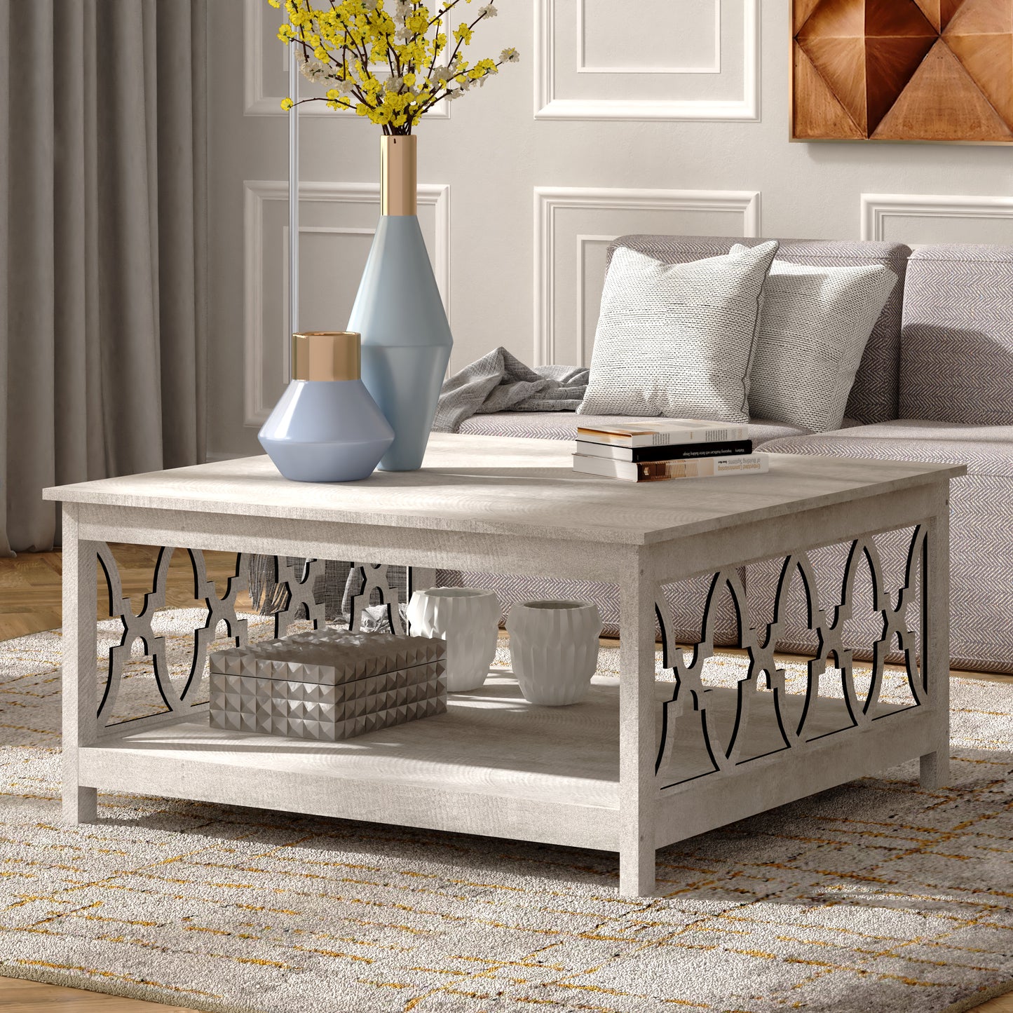 Galano Square Coffee Table with Storage Shelf in Dusty Gray Oak 34.9" W × 34.8" D × 17.1" H