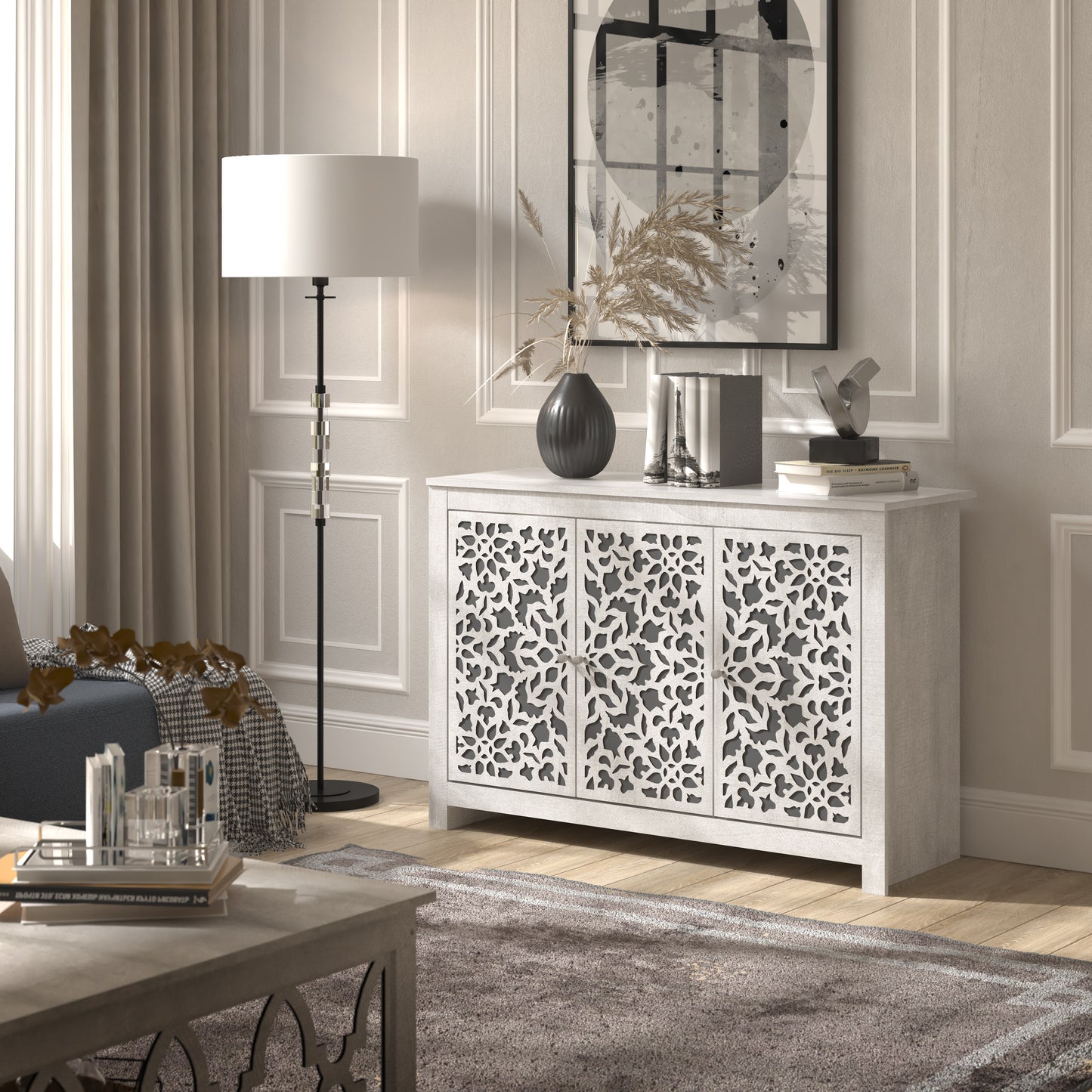 Galano 3-Door Sideboard with Decorative Cutout Doors 44.3" W × 15.7" D × 30" H