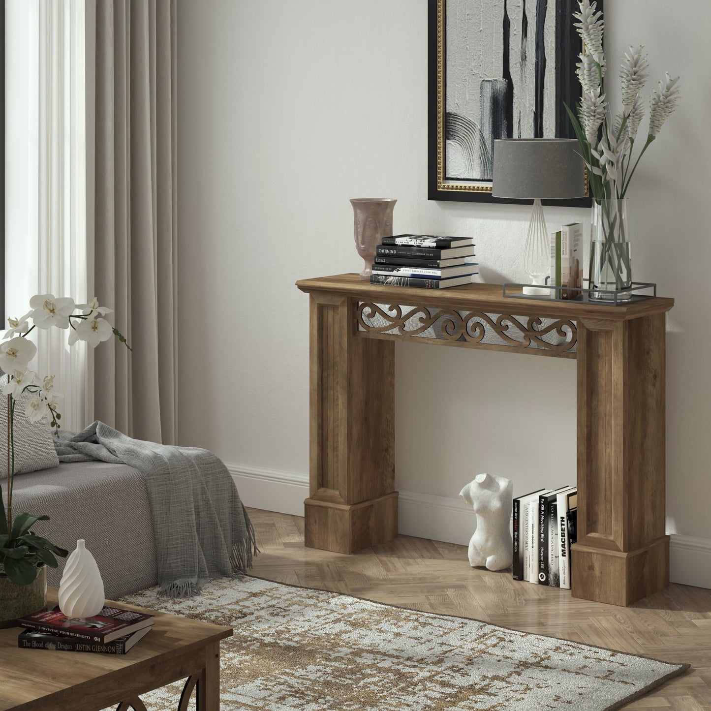 Galano Console Table with Decorative Cutout Design in Brown 46.5" W x 11.6" D x 45.9" H
