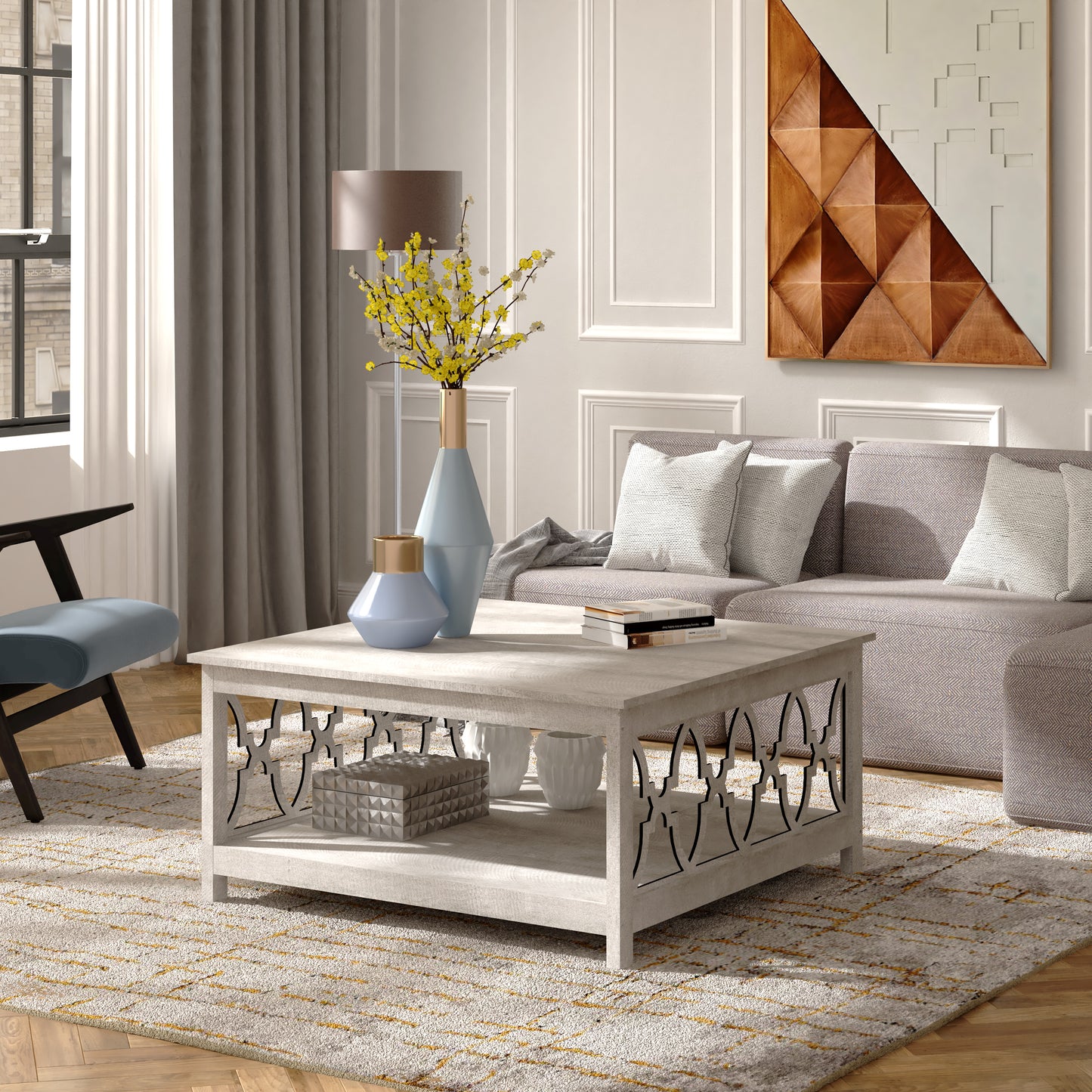 Galano Square Coffee Table with Storage Shelf in Dusty Gray Oak 34.9" W × 34.8" D × 17.1" H