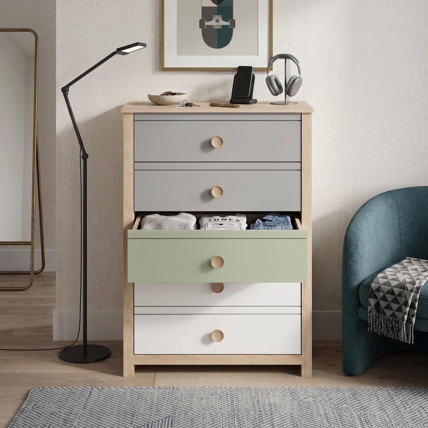 Galano Kids & Teen Chest Dresser Storage with Interlocking Drawer System, Gray, Sage Green & White Multi-Tone Fronts
