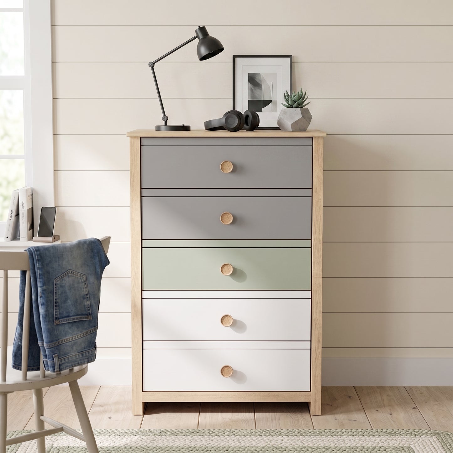 Galano Kids & Teen Chest Dresser Storage with Interlocking Drawer System, Gray, Sage Green & White Multi-Tone Fronts